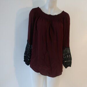 Womens Kobi Halperin 100% Silk Maroon Off Shoulder Blouse W/Blk Crochet Sleeve S